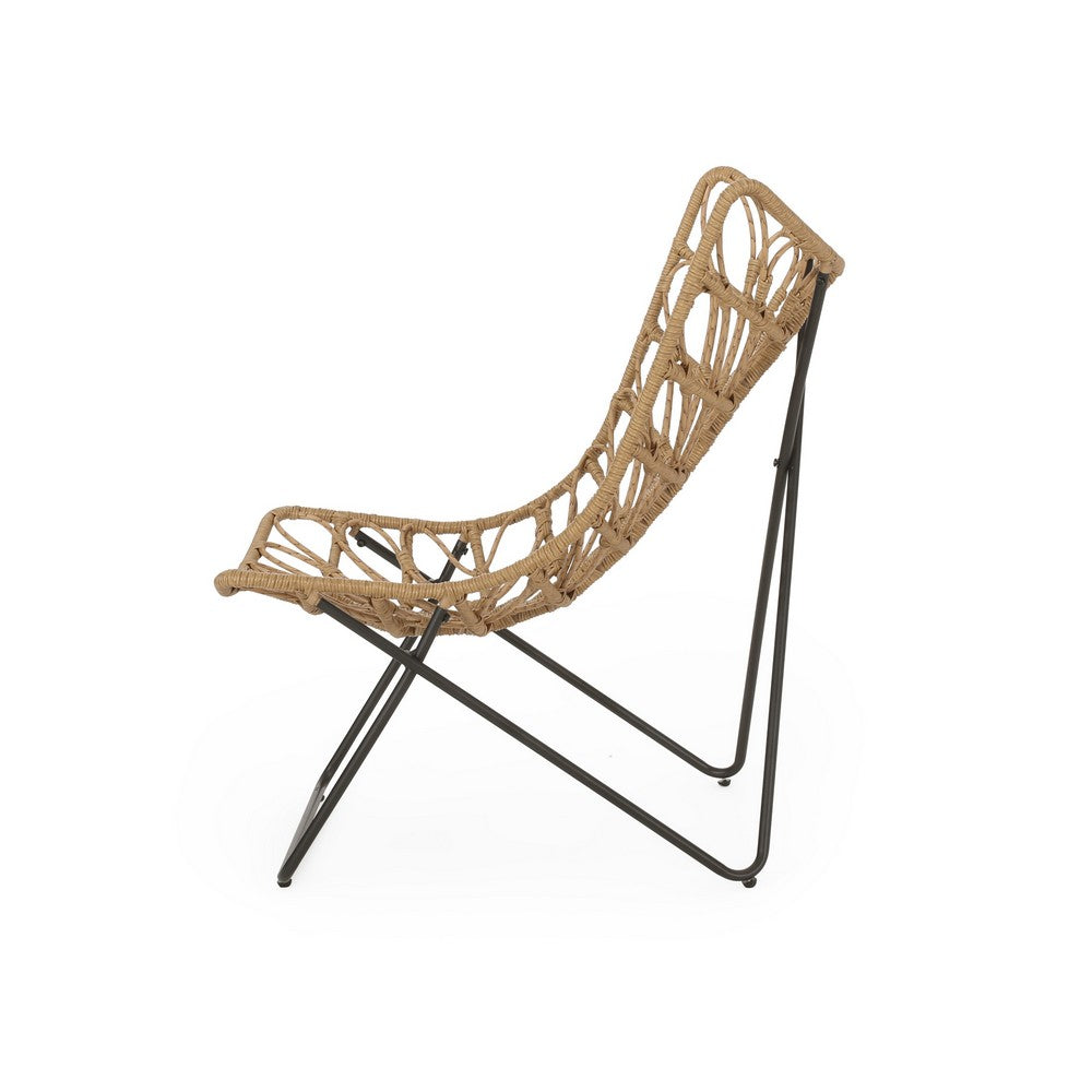 Benjara Fordy Outdoor Chair Set of 2, Curved Seat, Brown Rattan, Black Metal