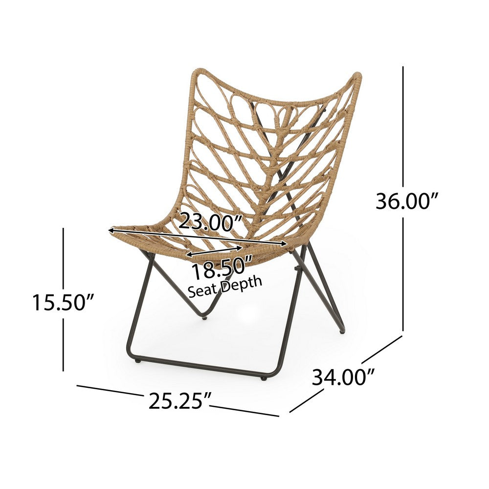 Benjara Fordy Outdoor Chair Set of 2, Curved Seat, Brown Rattan, Black Metal