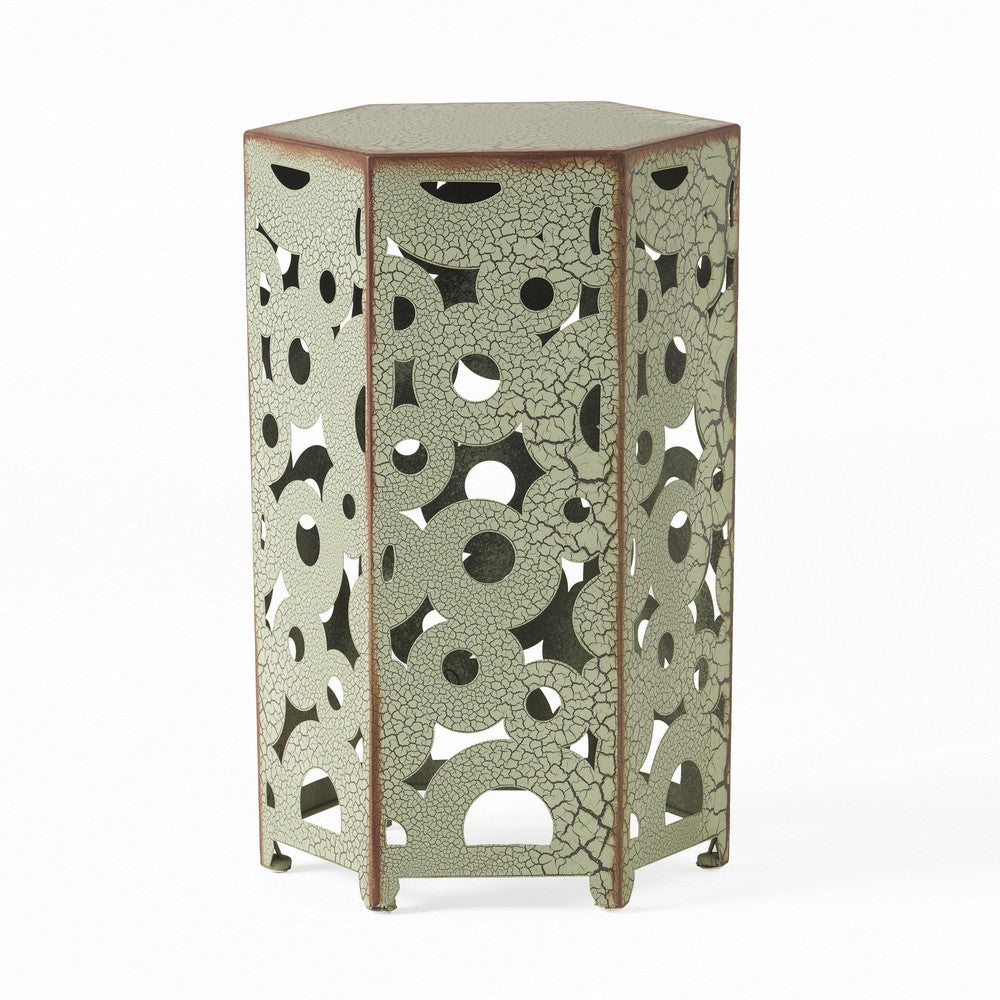 Benjara Silva Accent Table Set of 2, Hexagonal Top, Cut Pattern, Green Iron