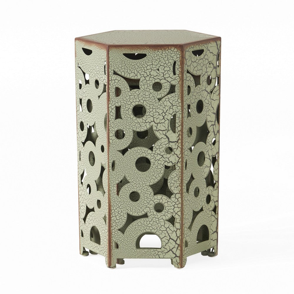 Benjara Silva Accent Table Set of 2, Hexagonal Top, Cut Pattern, Green Iron