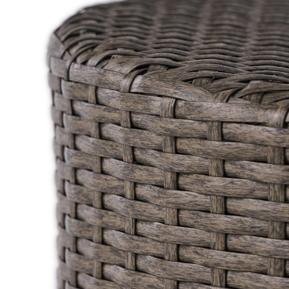 Benjara Olum Outdoor Side Table, Barrel Shape, Gray PE Rattan, Iron, 18 Inch
