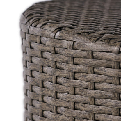 Benjara Olum Outdoor Side Table, Barrel Shape, Gray PE Rattan, Iron, 18 Inch