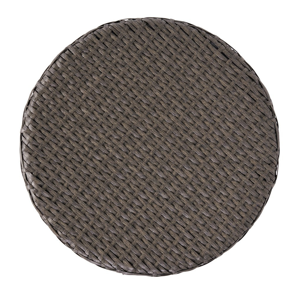 Benjara Olum Outdoor Side Table, Barrel Shape, Gray PE Rattan, Iron, 18 Inch