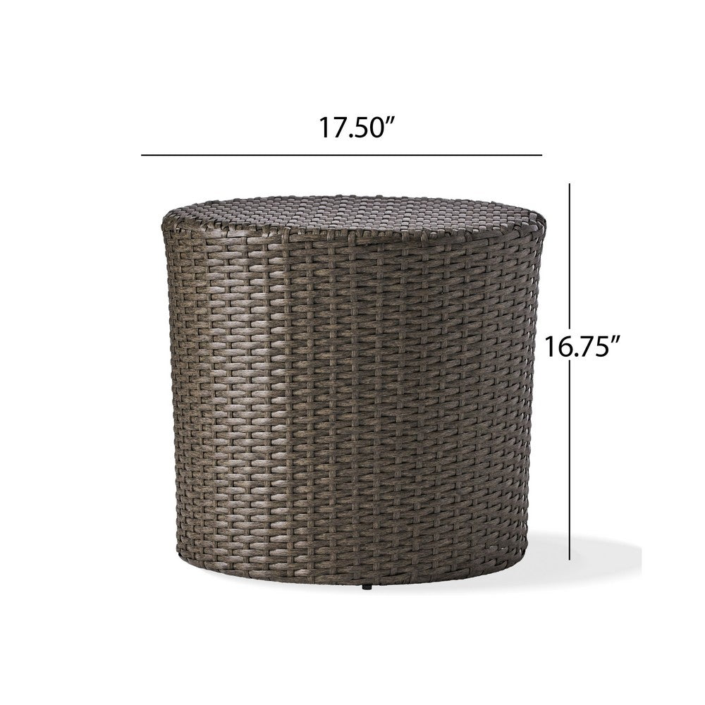 Benjara Olum Outdoor Side Table, Barrel Shape, Gray PE Rattan, Iron, 18 Inch