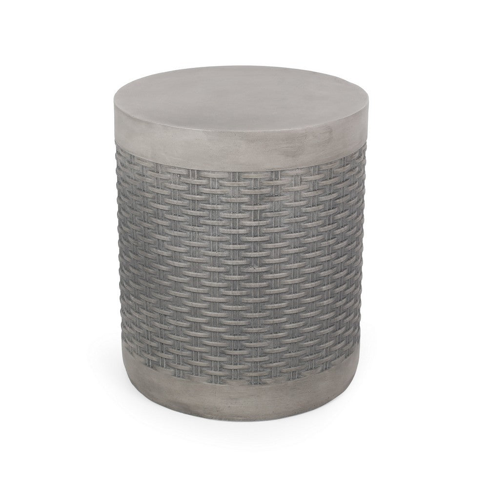 Benjara Outdoor Side End Table, Round Top Gray Faux Concrete, Round 16 Inch