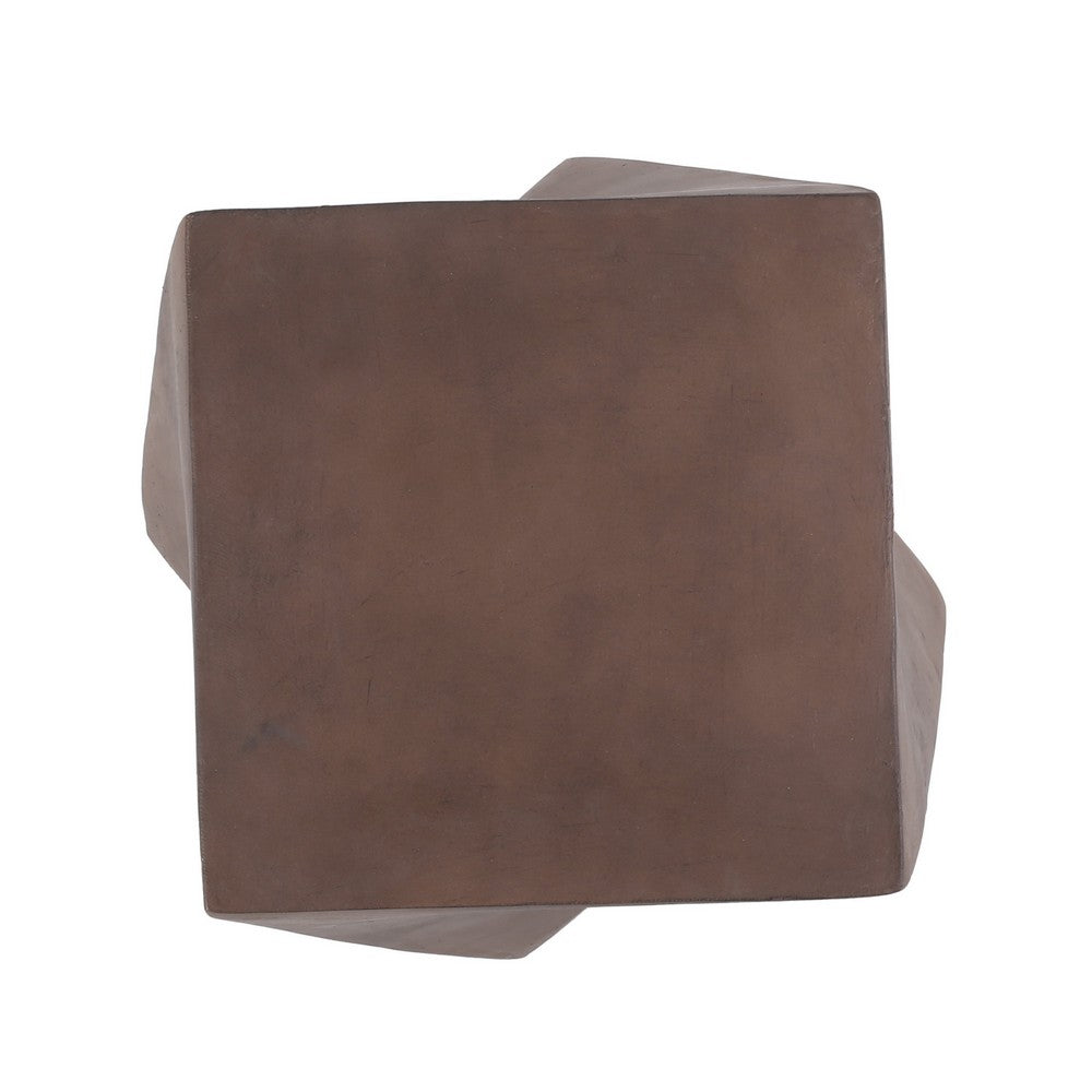 Benjara Outdoor Side End Table, Twisted Cube Shape Brown Faux Concrete 21 Inch