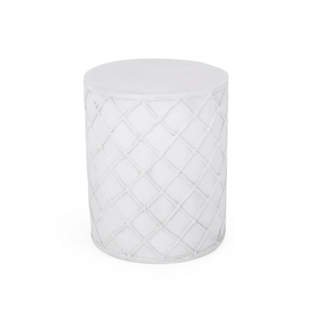 Benjara Outdoor End Table, Round 15 Inch Top, Antique White Faux Concrete