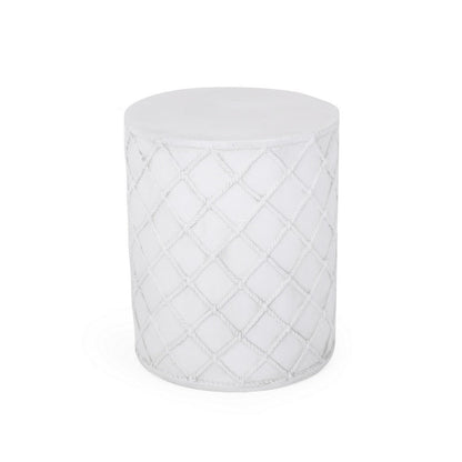 Benjara Outdoor End Table, Round 15 Inch Top, Antique White Faux Concrete