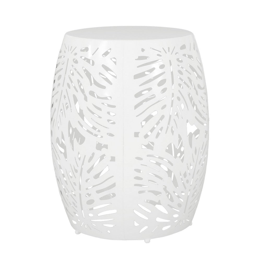 Benjara Miami Outdoor End Table Stool, Palm Leaf Pattern, White Iron, 17 Inch