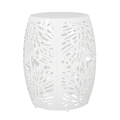Benjara Miami Outdoor End Table Stool, Palm Leaf Pattern, White Iron, 17 Inch