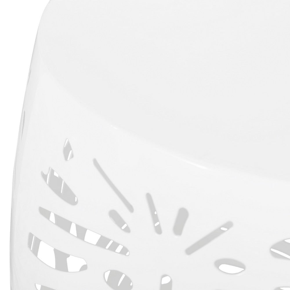 Benjara Miami Outdoor End Table Stool, Palm Leaf Pattern, White Iron, 17 Inch