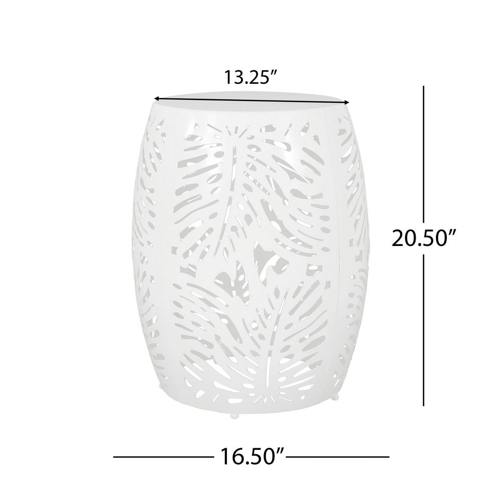 Benjara Miami Outdoor End Table Stool, Palm Leaf Pattern, White Iron, 17 Inch