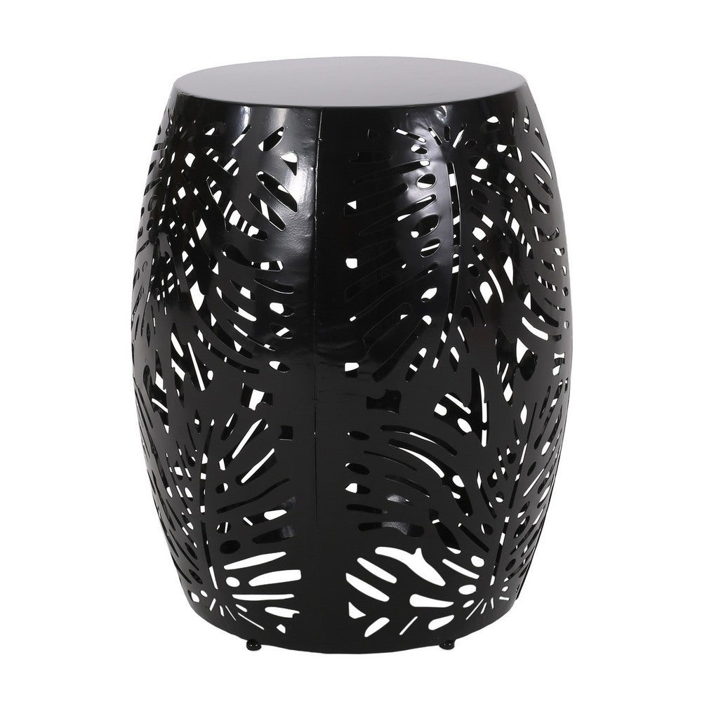 Benjara Miami Outdoor End Table Stool, Palm Leaf Pattern, Black Iron, 17 Inch