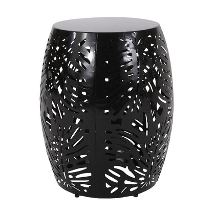 Benjara Miami Outdoor End Table Stool, Palm Leaf Pattern, Black Iron, 17 Inch