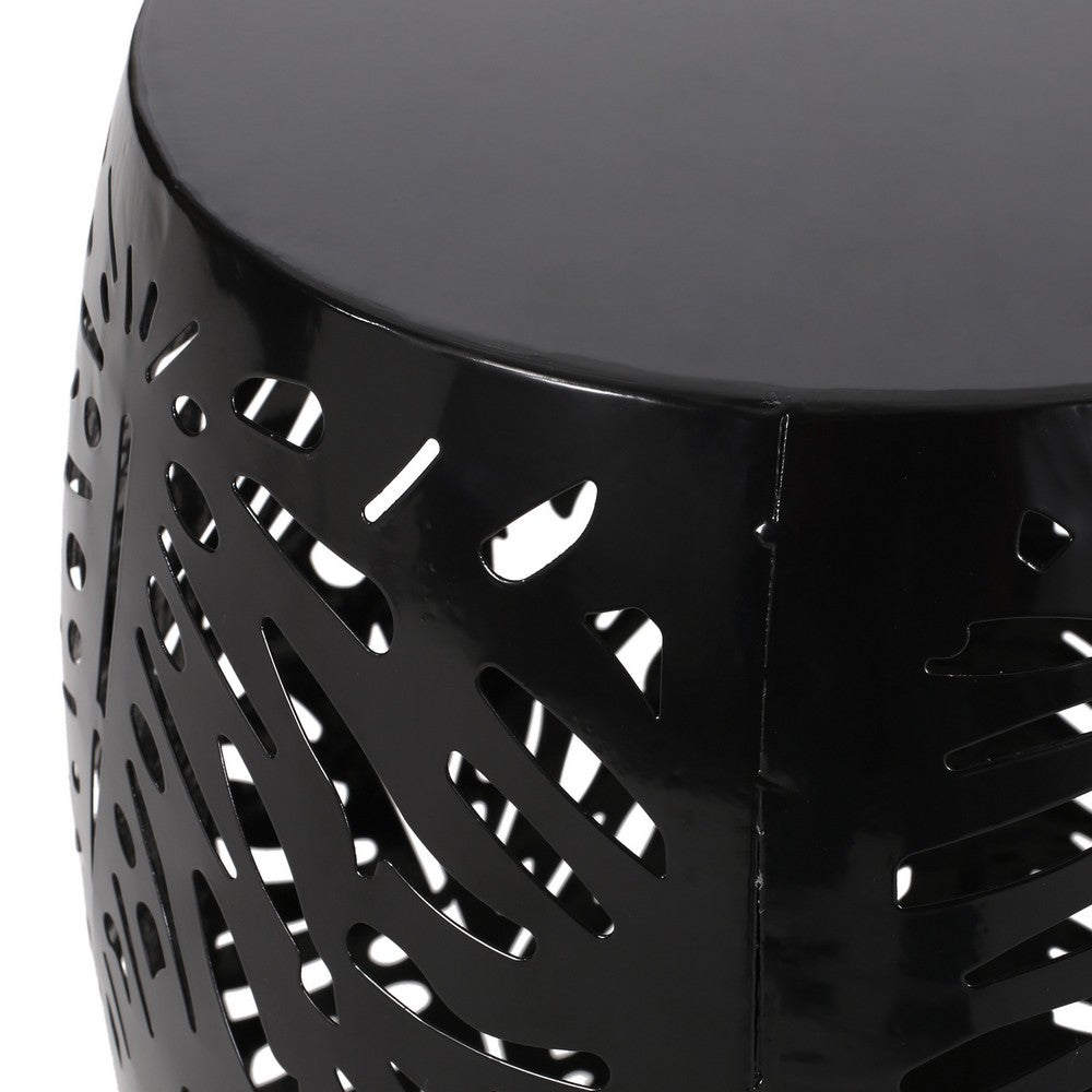 Benjara Miami Outdoor End Table Stool, Palm Leaf Pattern, Black Iron, 17 Inch