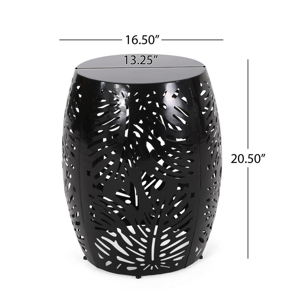 Benjara Miami Outdoor End Table Stool, Palm Leaf Pattern, Black Iron, 17 Inch