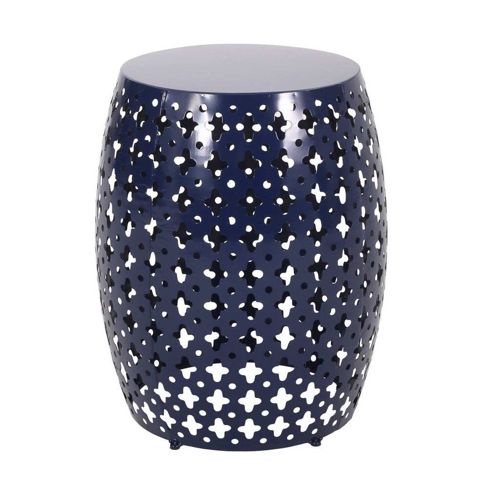 Benjara Miami Outdoor End Table, Cutout Design, Round 17 Inch, Navy Blue Iron