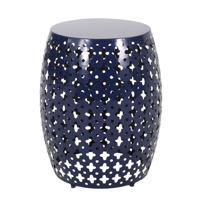 Benjara Miami Outdoor End Table, Cutout Design, Round 17 Inch, Navy Blue Iron