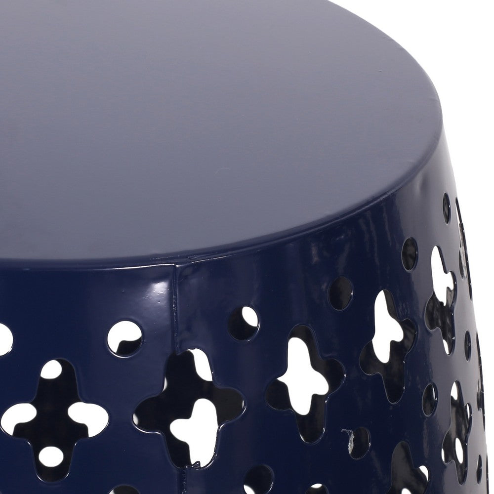 Benjara Miami Outdoor End Table, Cutout Design, Round 17 Inch, Navy Blue Iron