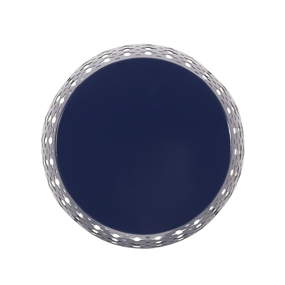 Benjara Miami Outdoor End Table, Cutout Design, Round 17 Inch, Navy Blue Iron