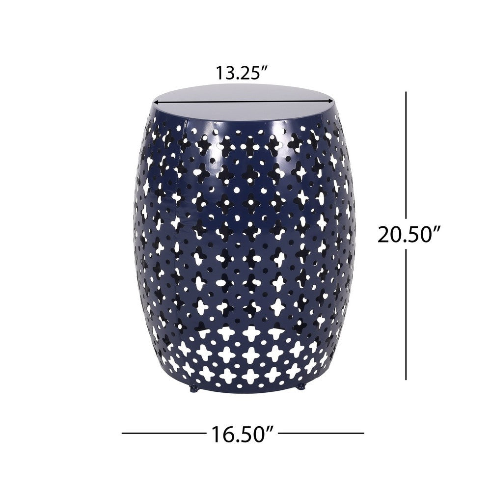 Benjara Miami Outdoor End Table, Cutout Design, Round 17 Inch, Navy Blue Iron