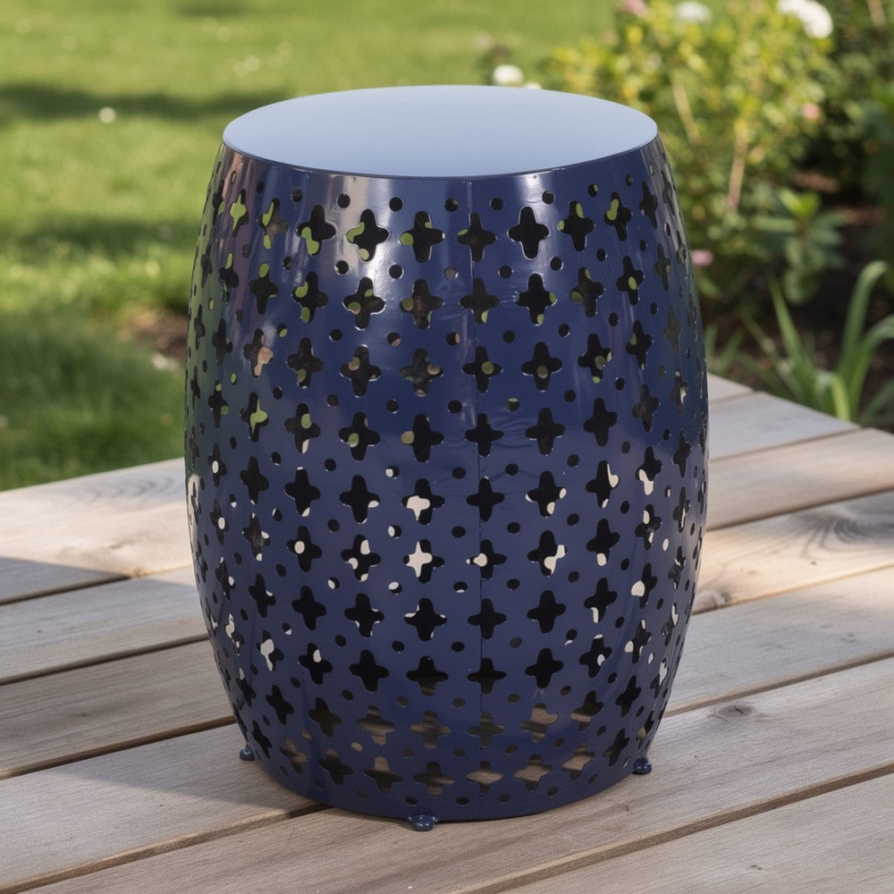Benjara Miami Outdoor End Table, Cutout Design, Round 17 Inch, Navy Blue Iron