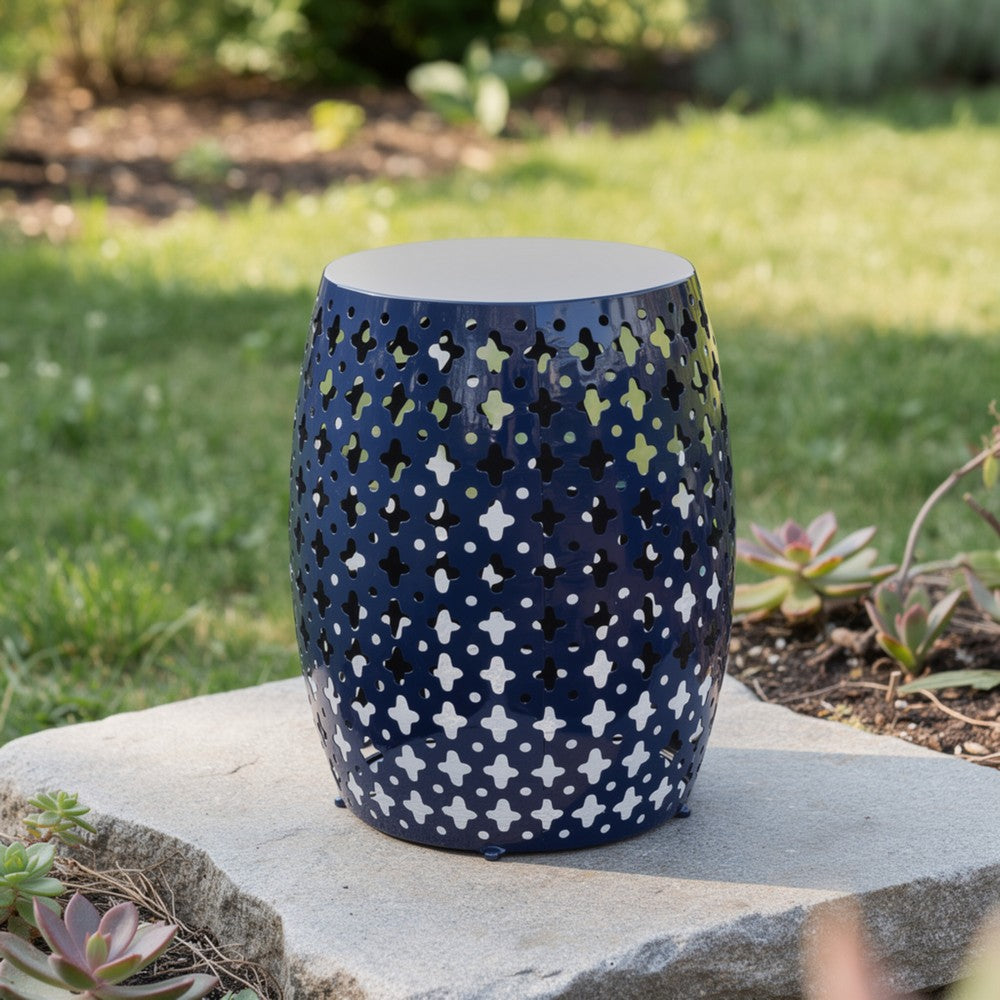 Benjara Miami Outdoor End Table, Cutout Design, Round 17 Inch, Navy Blue Iron