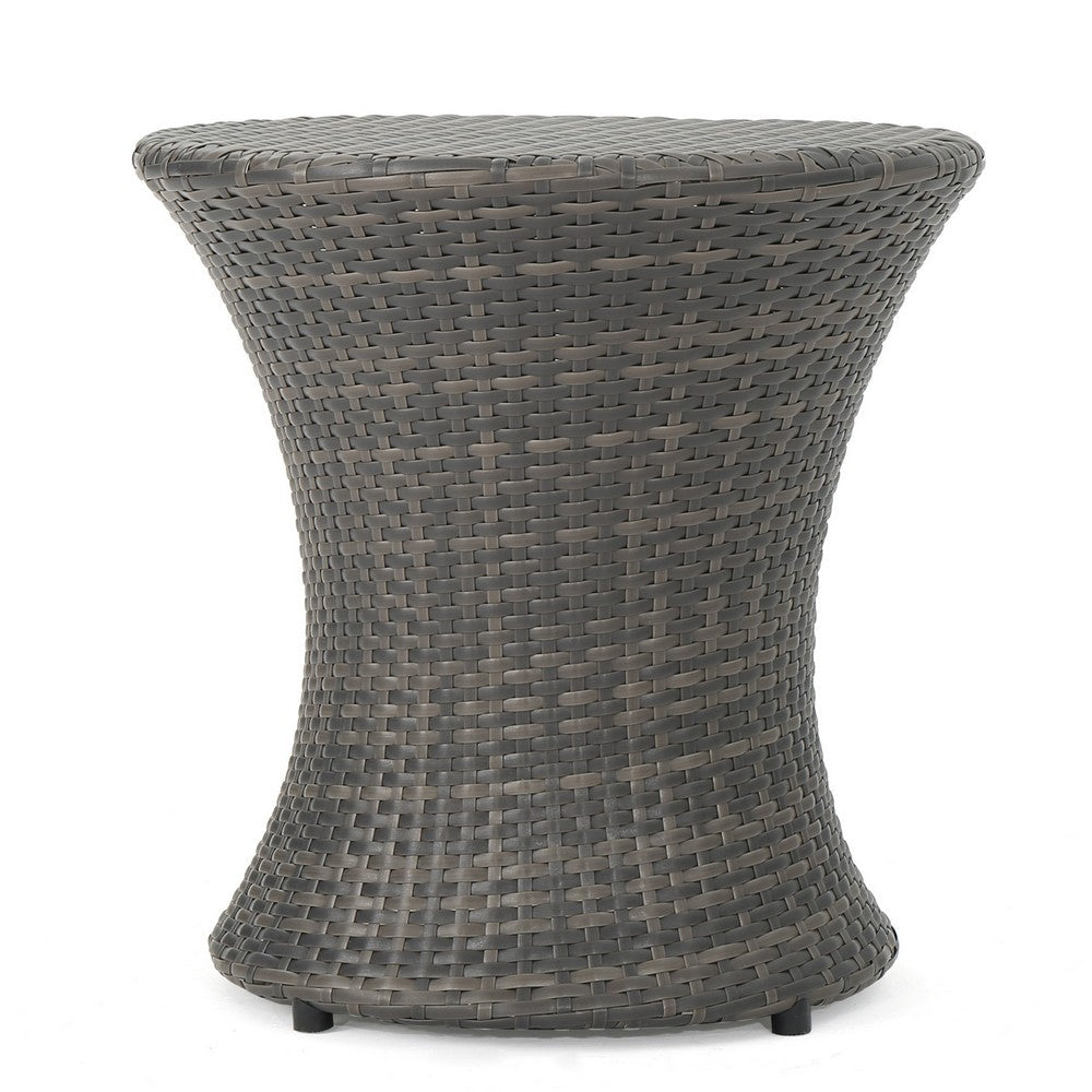 Benjara Loco Outdoor Side Table, Hourglass Shape, Round 20 Inch, Gray Rattan
