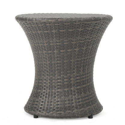 Benjara Loco Outdoor Side Table, Hourglass Shape, Round 20 Inch, Gray Rattan