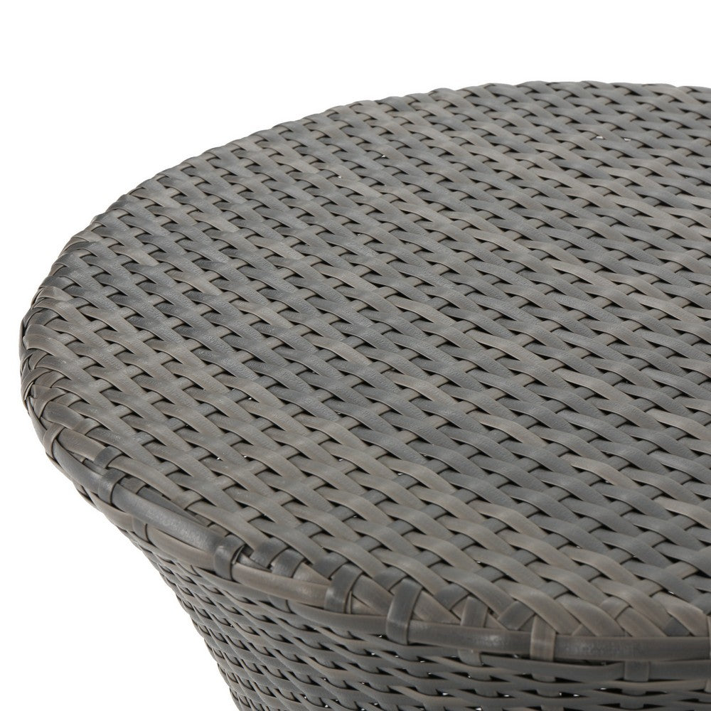 Benjara Loco Outdoor Side Table, Hourglass Shape, Round 20 Inch, Gray Rattan