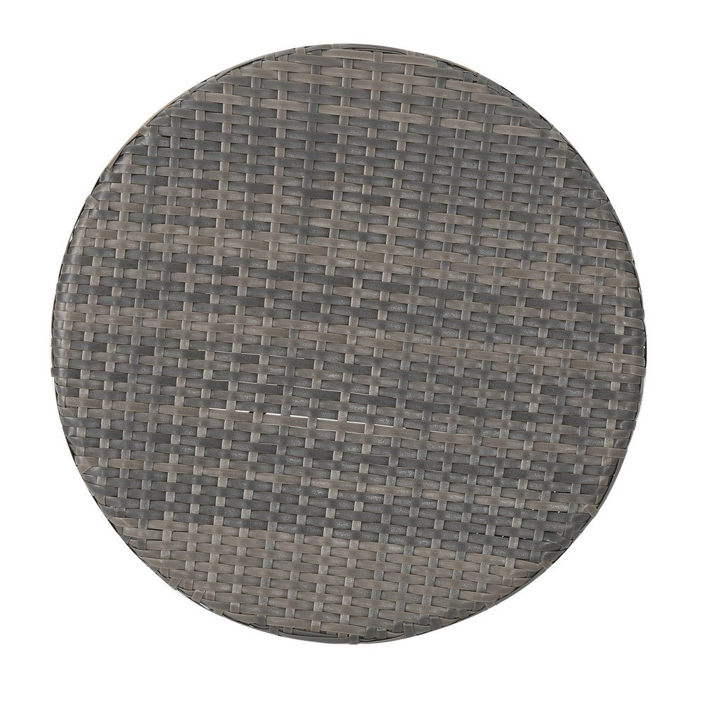 Benjara Loco Outdoor Side Table, Hourglass Shape, Round 20 Inch, Gray Rattan