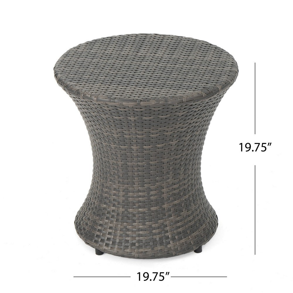 Benjara Loco Outdoor Side Table, Hourglass Shape, Round 20 Inch, Gray Rattan