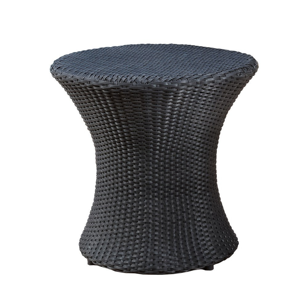 Benjara Loco Outdoor Side Table, Hourglass Shape, Round 20 Inch, Black Rattan
