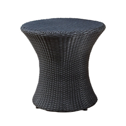 Benjara Loco Outdoor Side Table, Hourglass Shape, Round 20 Inch, Black Rattan
