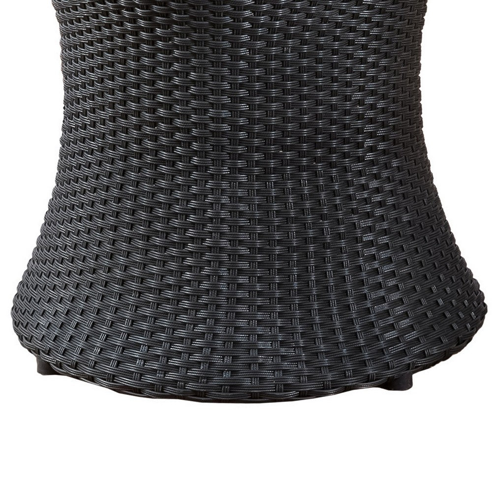 Benjara Loco Outdoor Side Table, Hourglass Shape, Round 20 Inch, Black Rattan