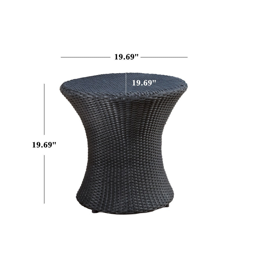 Benjara Loco Outdoor Side Table, Hourglass Shape, Round 20 Inch, Black Rattan