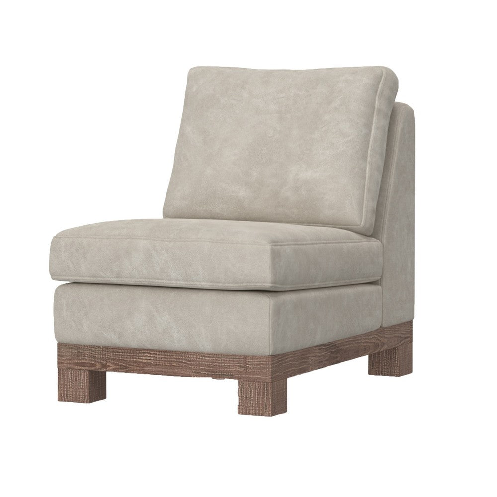 Benjara Sama Modular Armless Chair, Decor Pillow, White, Brown Solid PIne Wood
