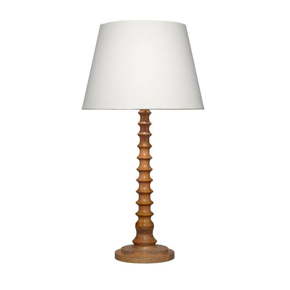 Benjara Dio 31 Inch Table Lamp, White Slub Drum Shade, Brown Turned Wood Base