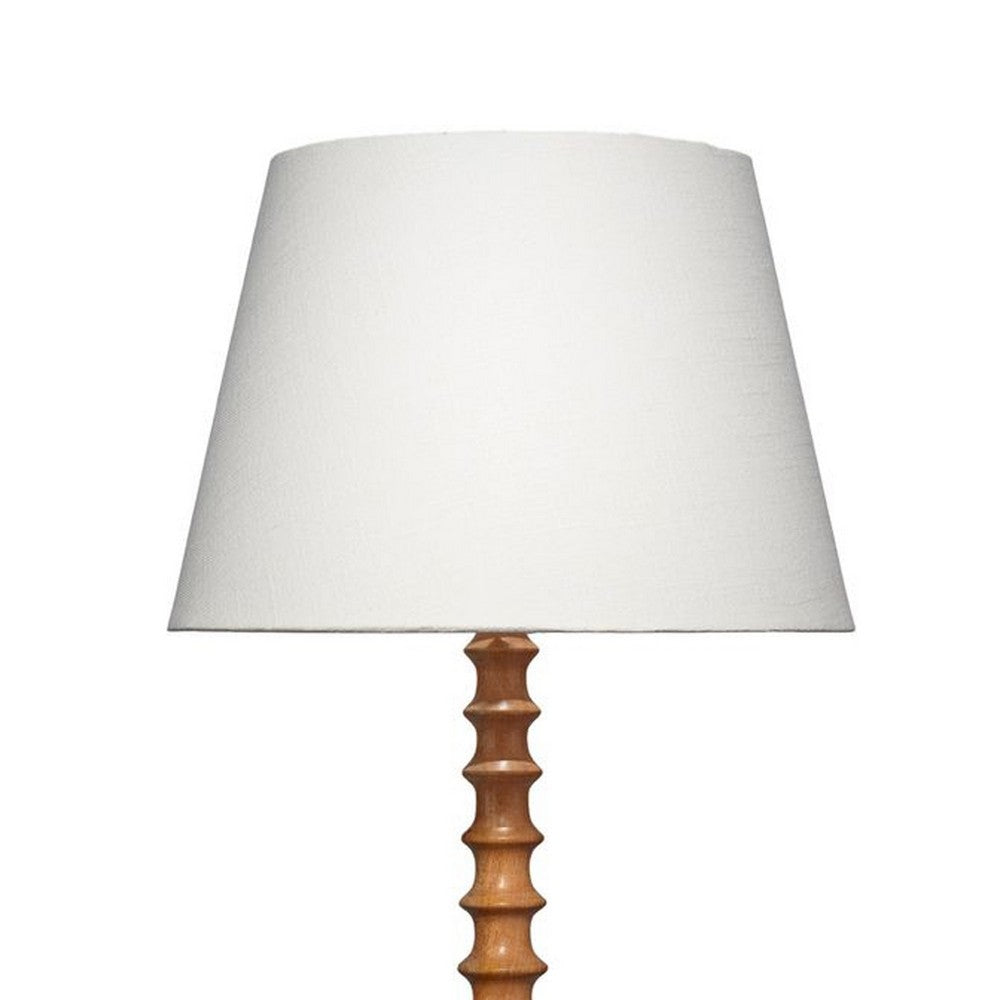 Benjara Dio 31 Inch Table Lamp, White Slub Drum Shade, Brown Turned Wood Base