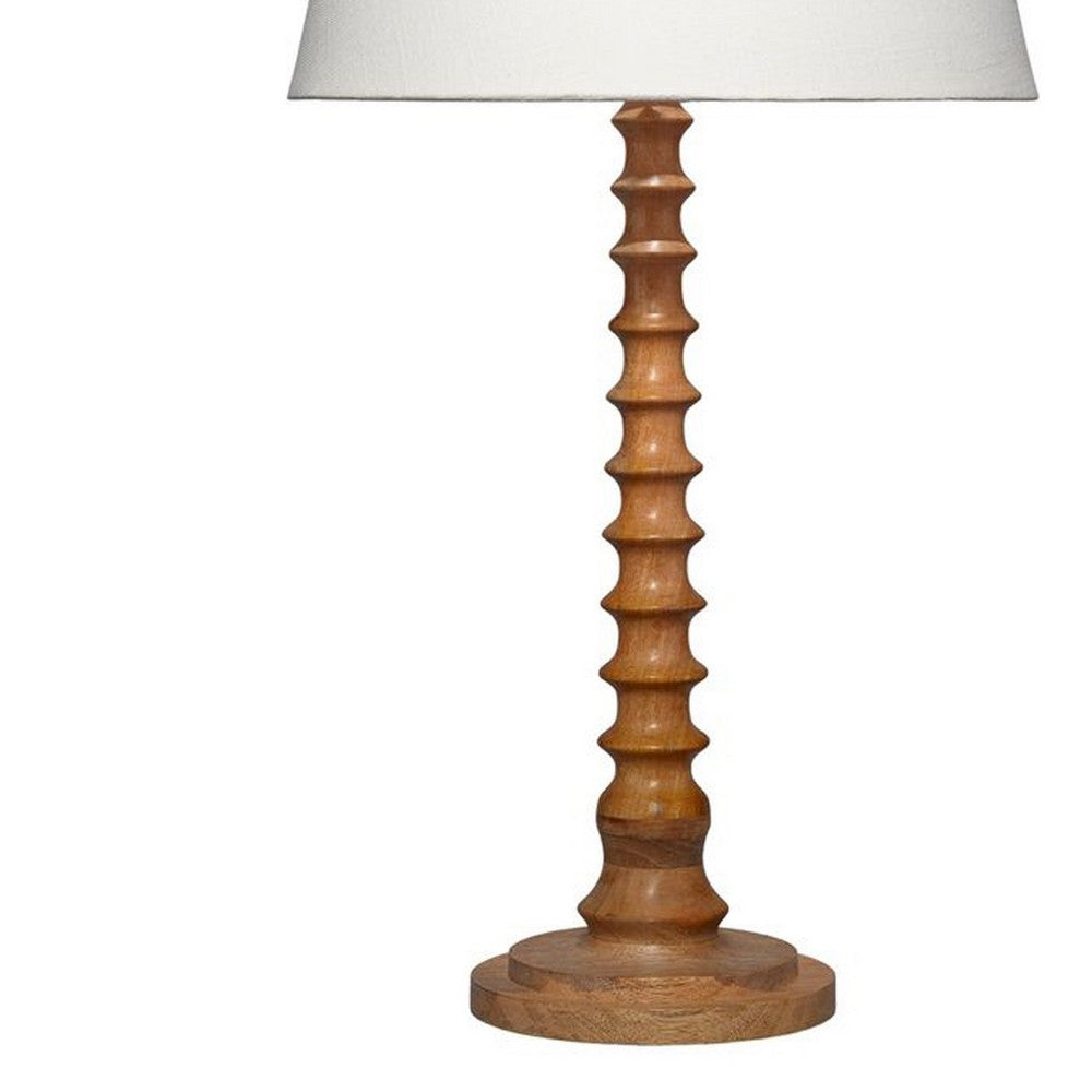 Benjara Dio 31 Inch Table Lamp, White Slub Drum Shade, Brown Turned Wood Base