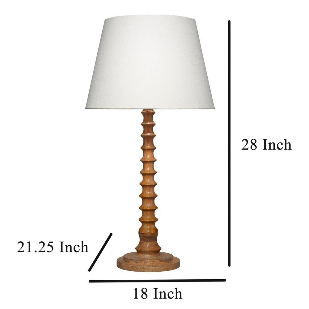 Benjara Dio 31 Inch Table Lamp, White Slub Drum Shade, Brown Turned Wood Base