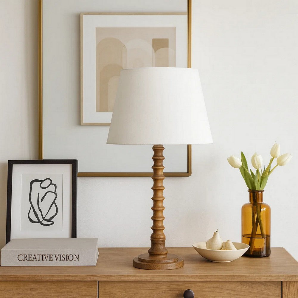 Benjara Dio 31 Inch Table Lamp, White Slub Drum Shade, Brown Turned Wood Base