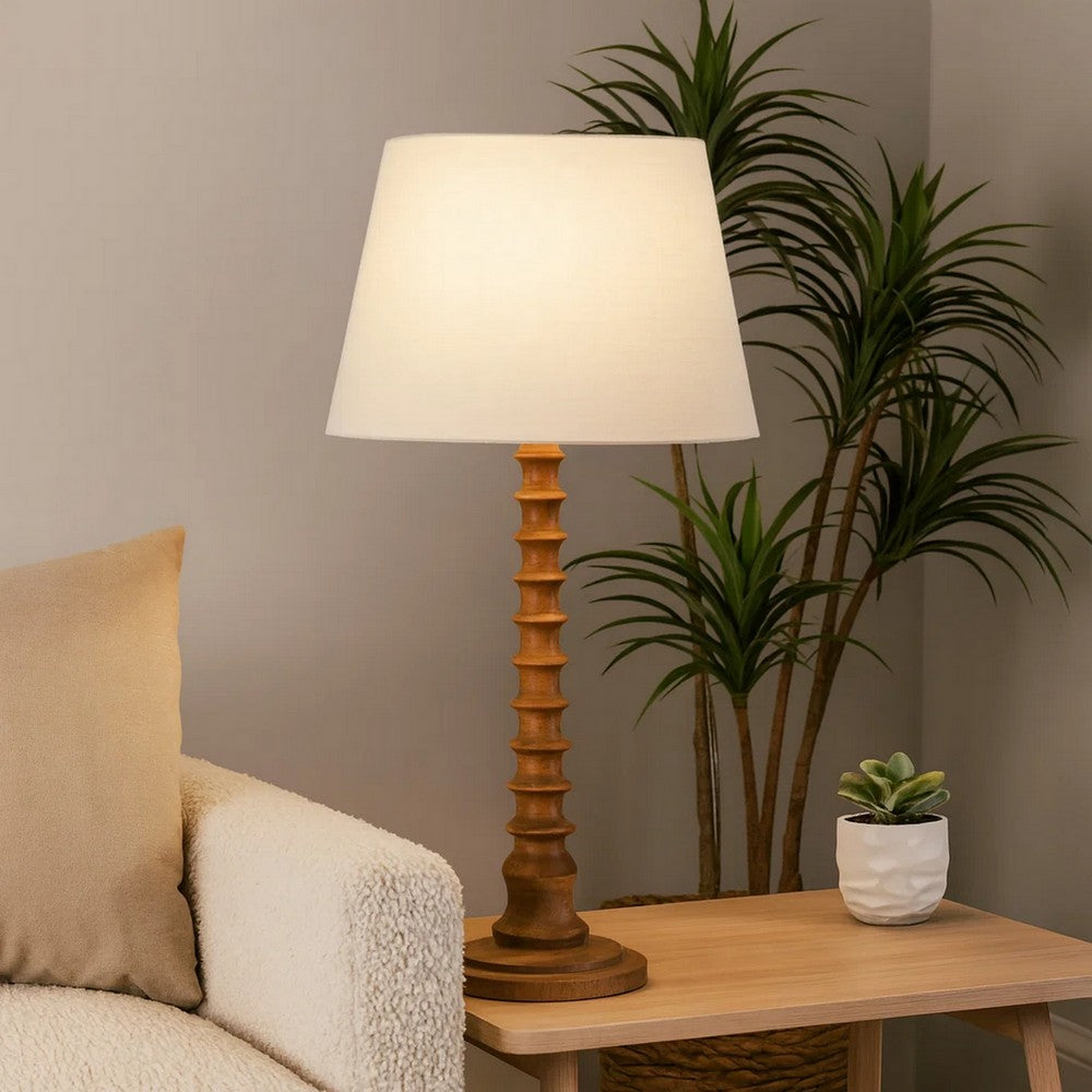 Benjara Dio 31 Inch Table Lamp, White Slub Drum Shade, Brown Turned Wood Base