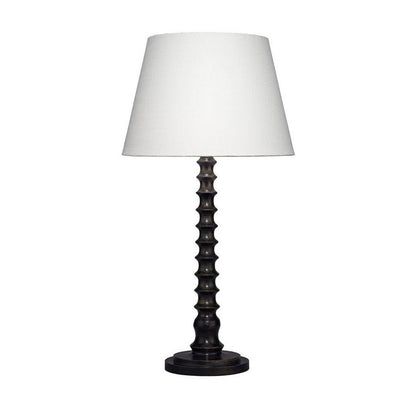 Benjara Dio 31 Inch Table Lamp, White Slub Drum Shade, Black Turned Wood Base