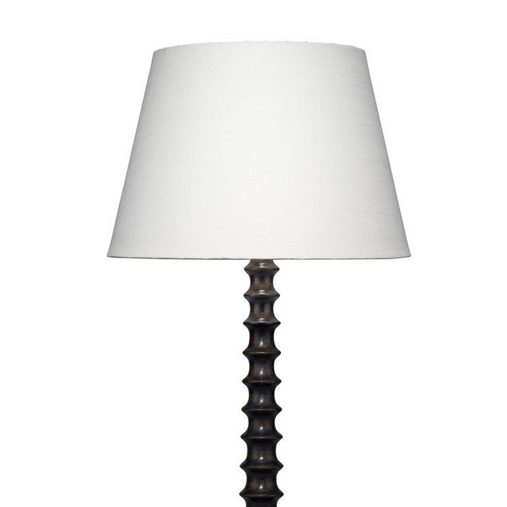 Benjara Dio 31 Inch Table Lamp, White Slub Drum Shade, Black Turned Wood Base