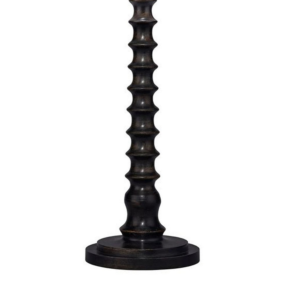 Benjara Dio 31 Inch Table Lamp, White Slub Drum Shade, Black Turned Wood Base