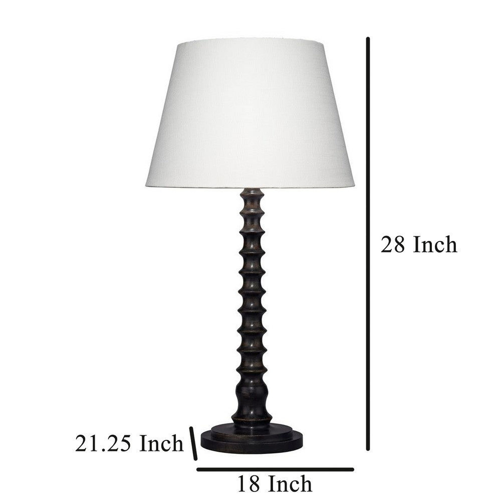 Benjara Dio 31 Inch Table Lamp, White Slub Drum Shade, Black Turned Wood Base