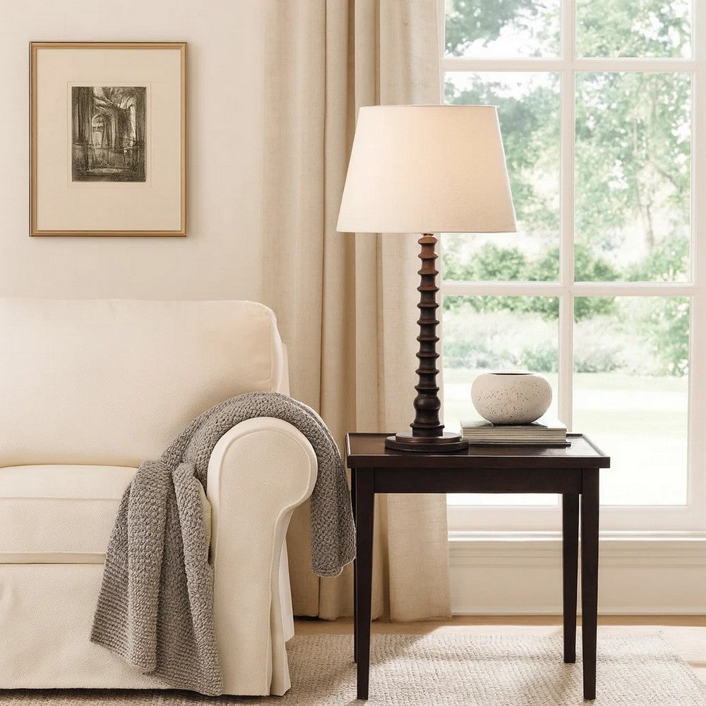 Benjara Dio 31 Inch Table Lamp, White Slub Drum Shade, Black Turned Wood Base