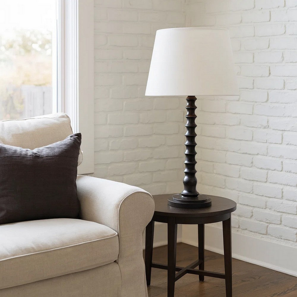 Benjara Dio 31 Inch Table Lamp, White Slub Drum Shade, Black Turned Wood Base