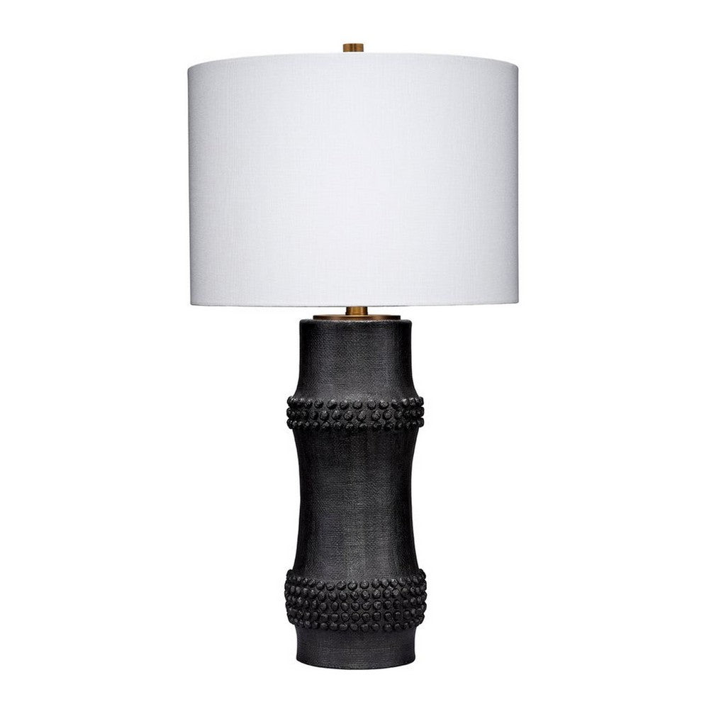 Benjara Lemy 28 Inch Table Lamp, White Linen Drum Shade, Dotted Black Base